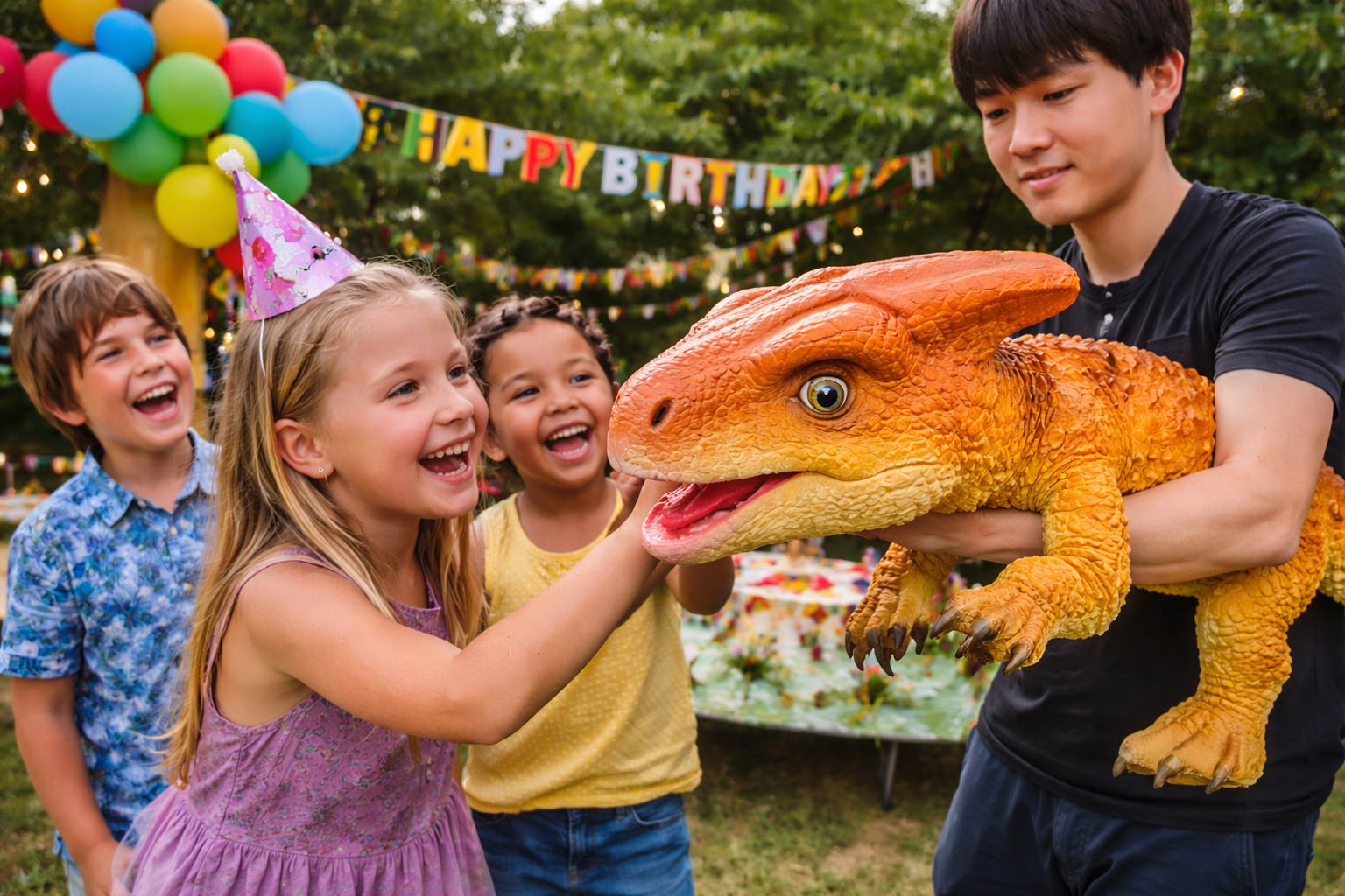 Dinosaur puppet birthday interaction